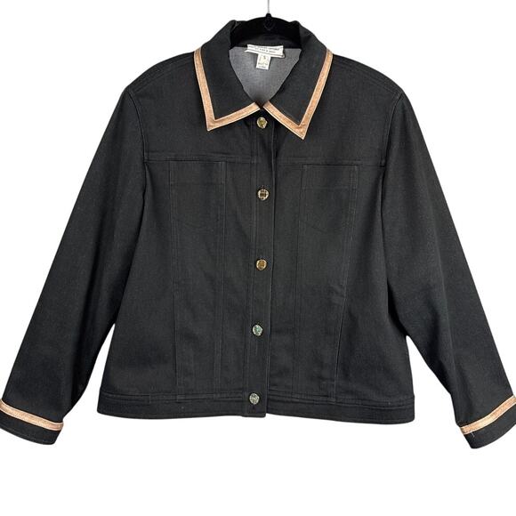 Vintage St. John Black Denim Jacket Leather Trim Signature Gold Buttons Size S - Picture 1 of 12